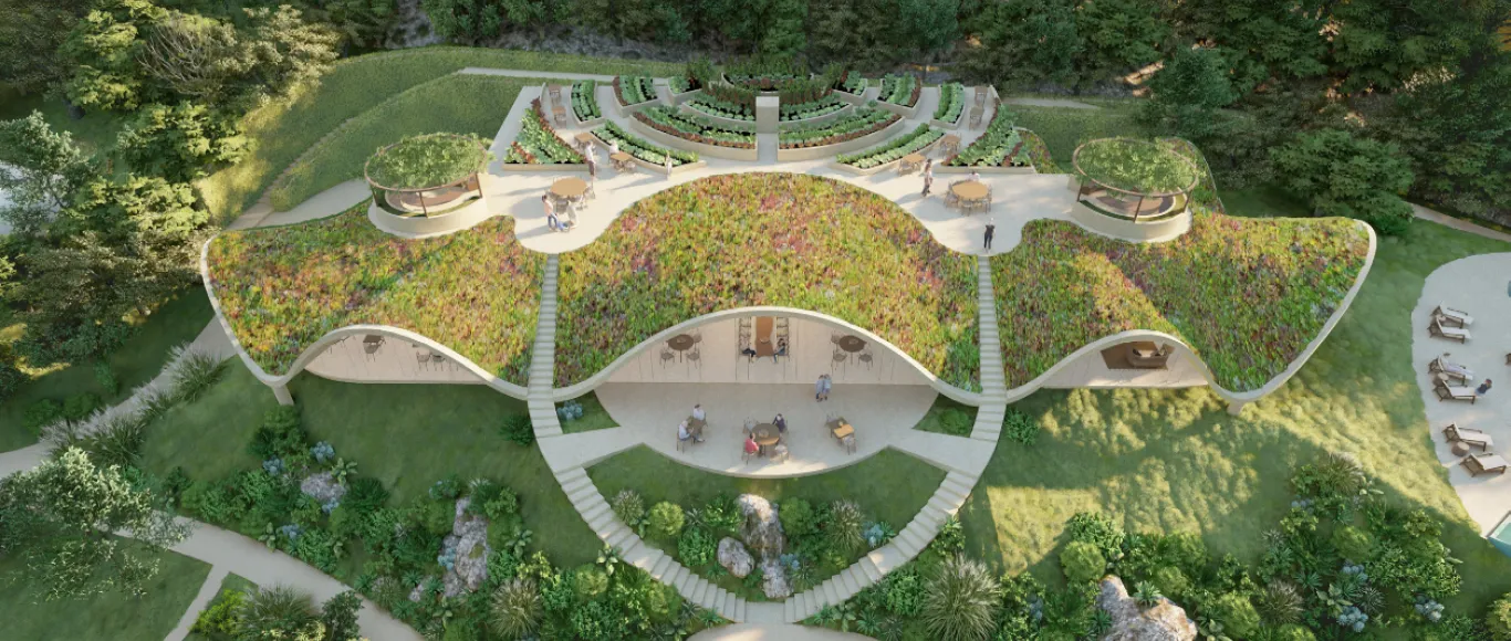Le restaurant du resort et son toit végétal